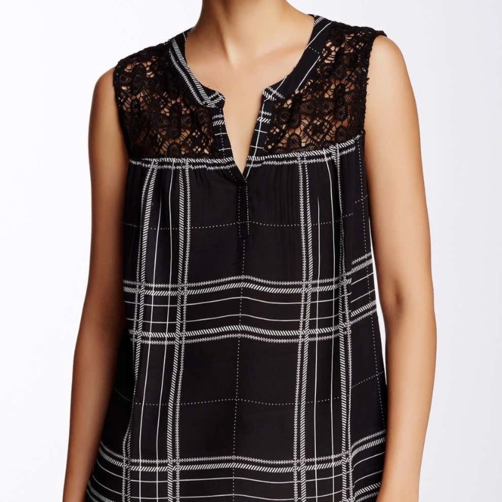 Daniel Rainn Sleeveless Crochet Yoke Plaid Blouse